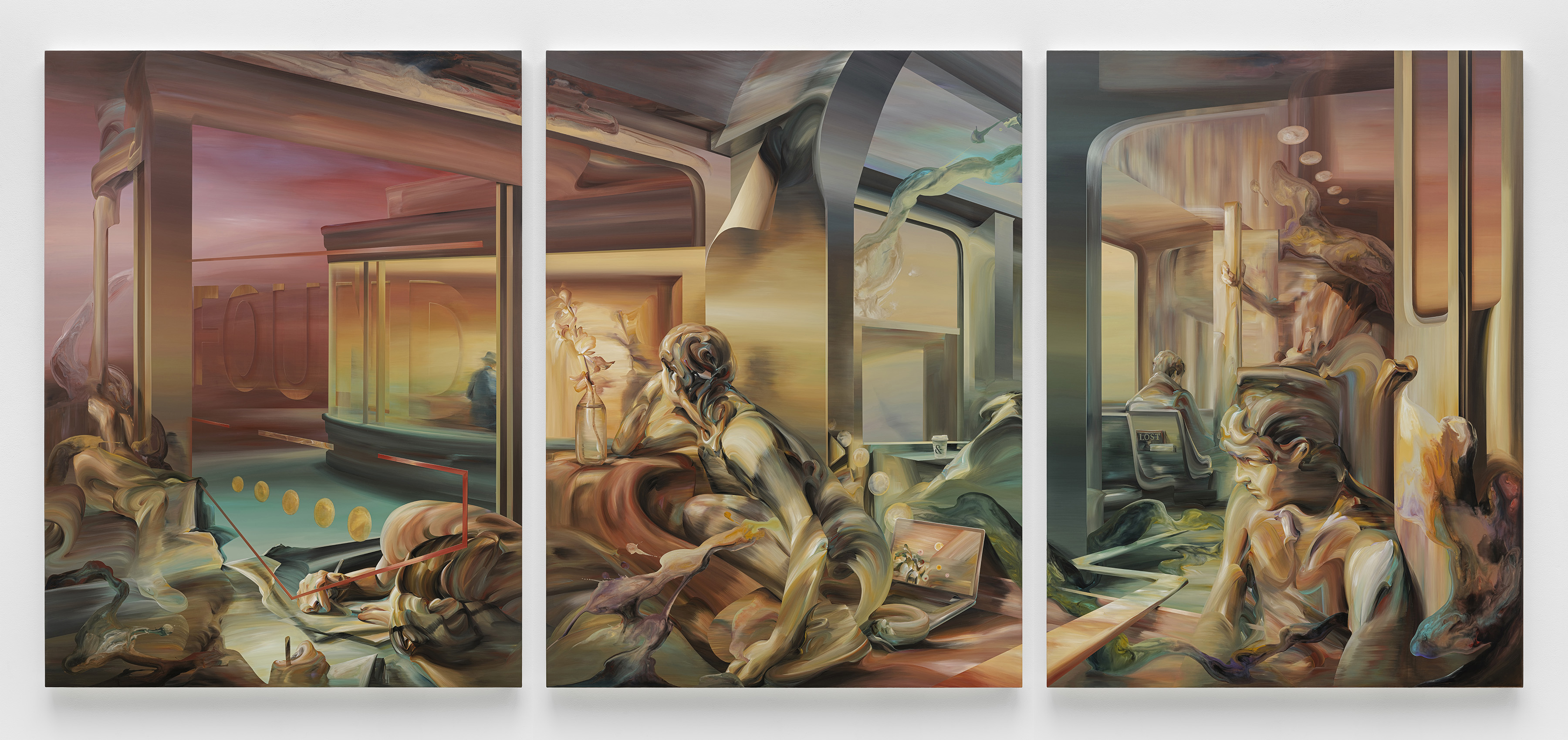 Huang Ko Wei, Lost & Found, 2023, acrylic on canvas, triptych, each: 160 x 120 cm (63 x 47 1/4 in); overall: 160 x 360 cm (63 x 141 3/4 in).