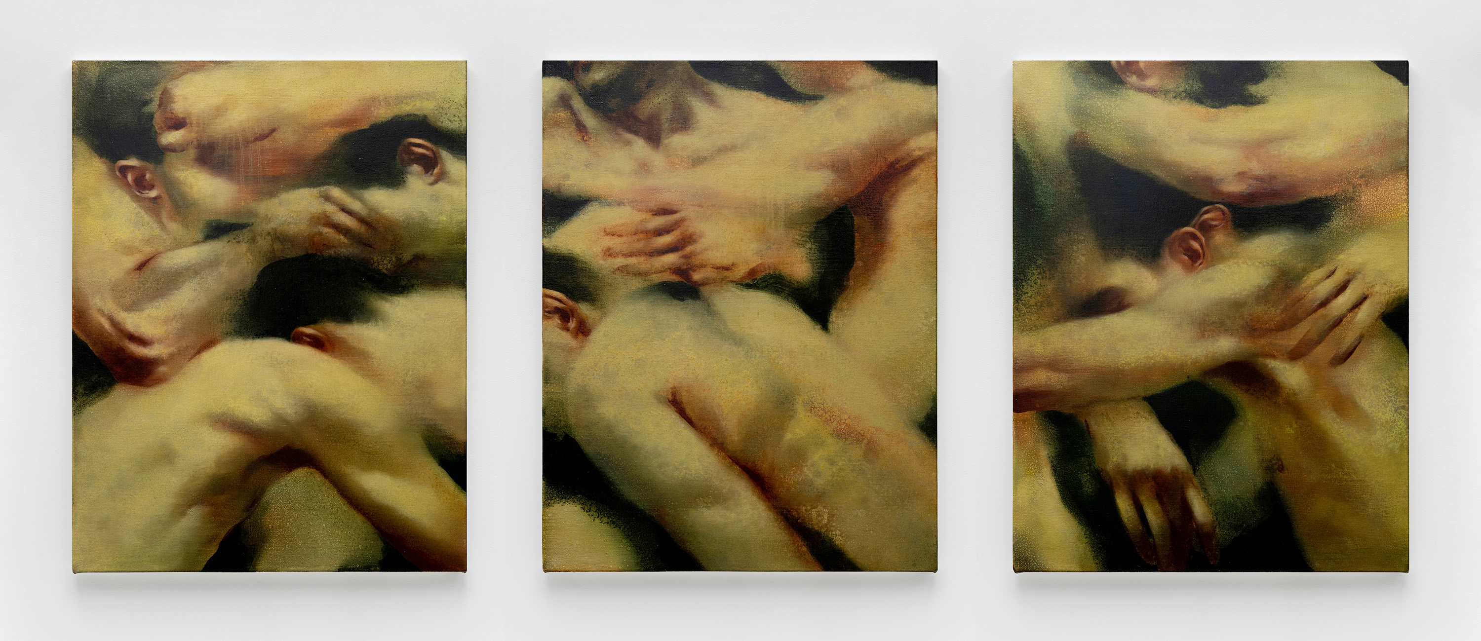 Preslav Kostov, Procession, 2024, oil on canvas, triptych, each: 65 x 50 cm (25 5/8 x 19 3/4 in); overall: 65 x 150 cm (25 5/8 x 59 in).