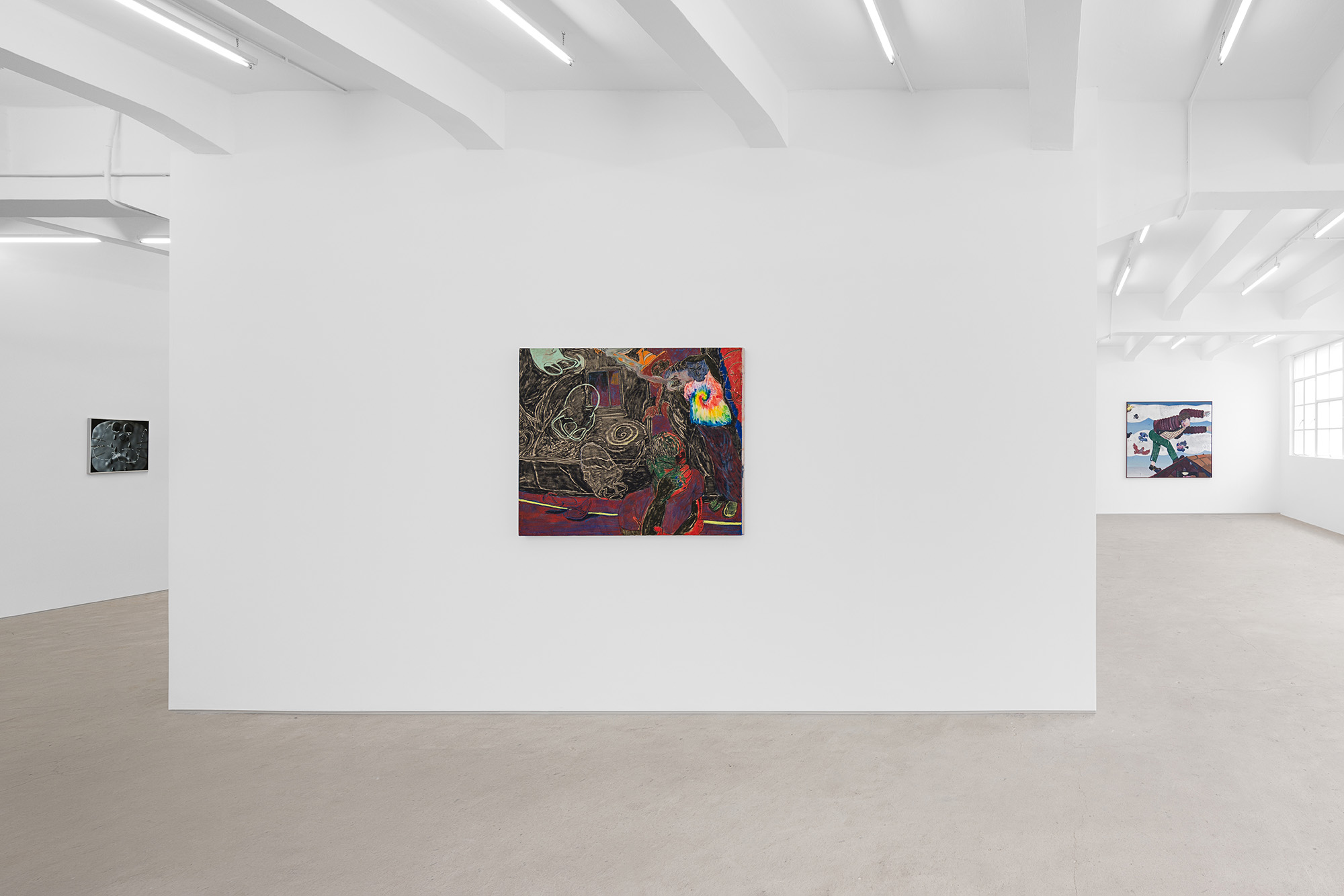 Installation view of group exhibition, Vacation II, at Gallery Vacancy, featuring works by Henry Curchod, Pieter Jennes, and Rao Weiyi.