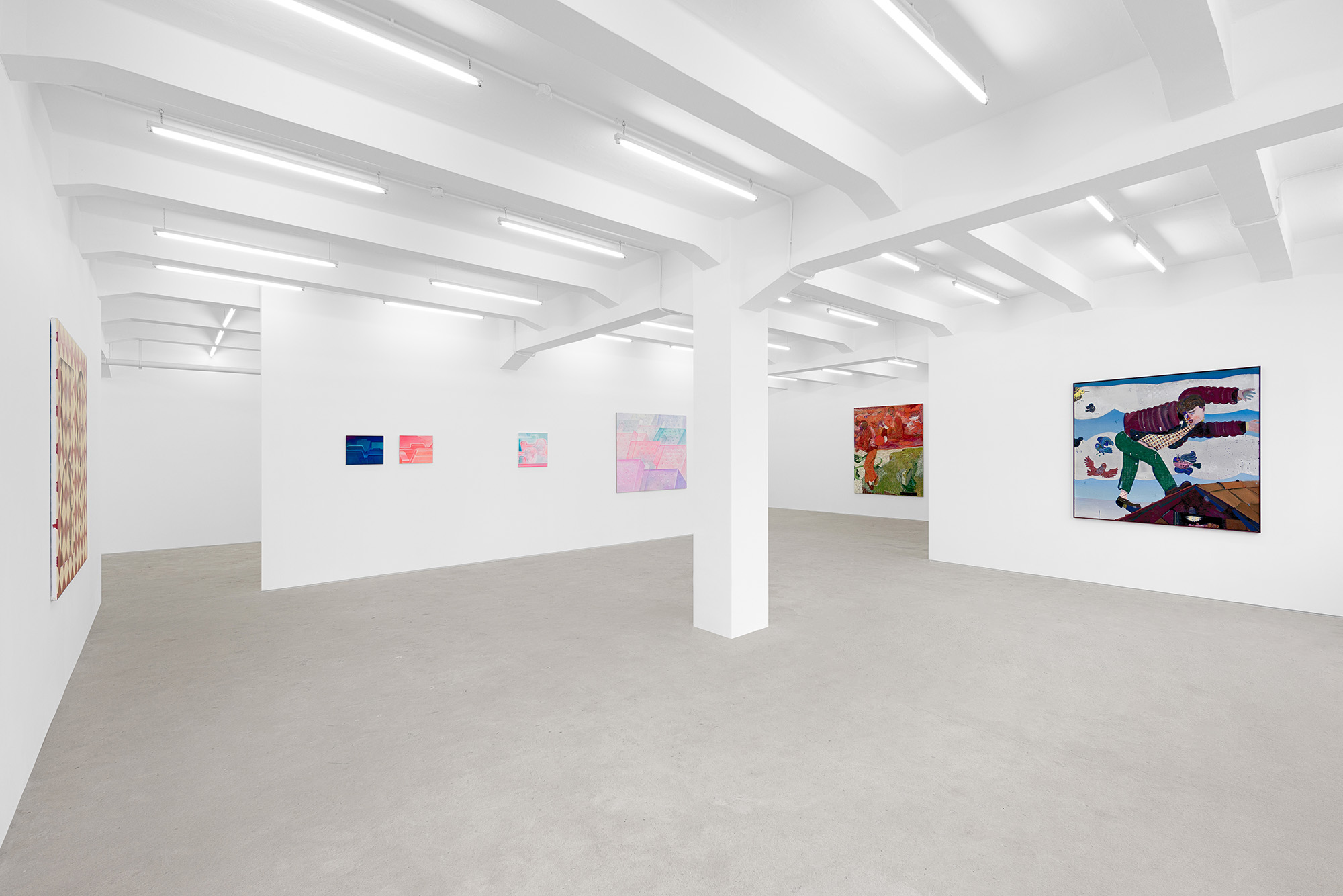 Installation view of group exhibition, Vacation II, at Gallery Vacancy, featuring works by Henry Curchod, Pieter Jennes, Richard Burton, and Charline Tyberghein.