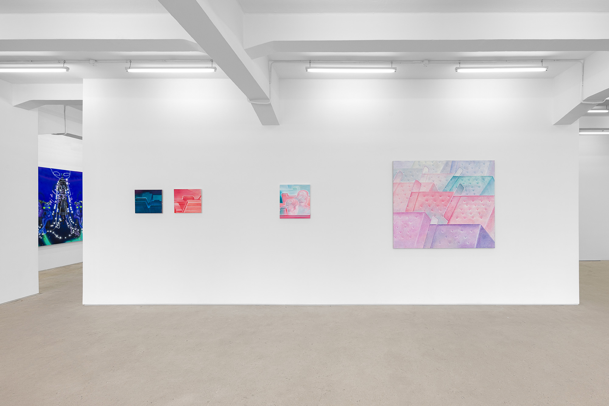 Installation view of group exhibition, Vacation II, at Gallery Vacancy, featuring works by Richard Burton and Rao Weiyi.
