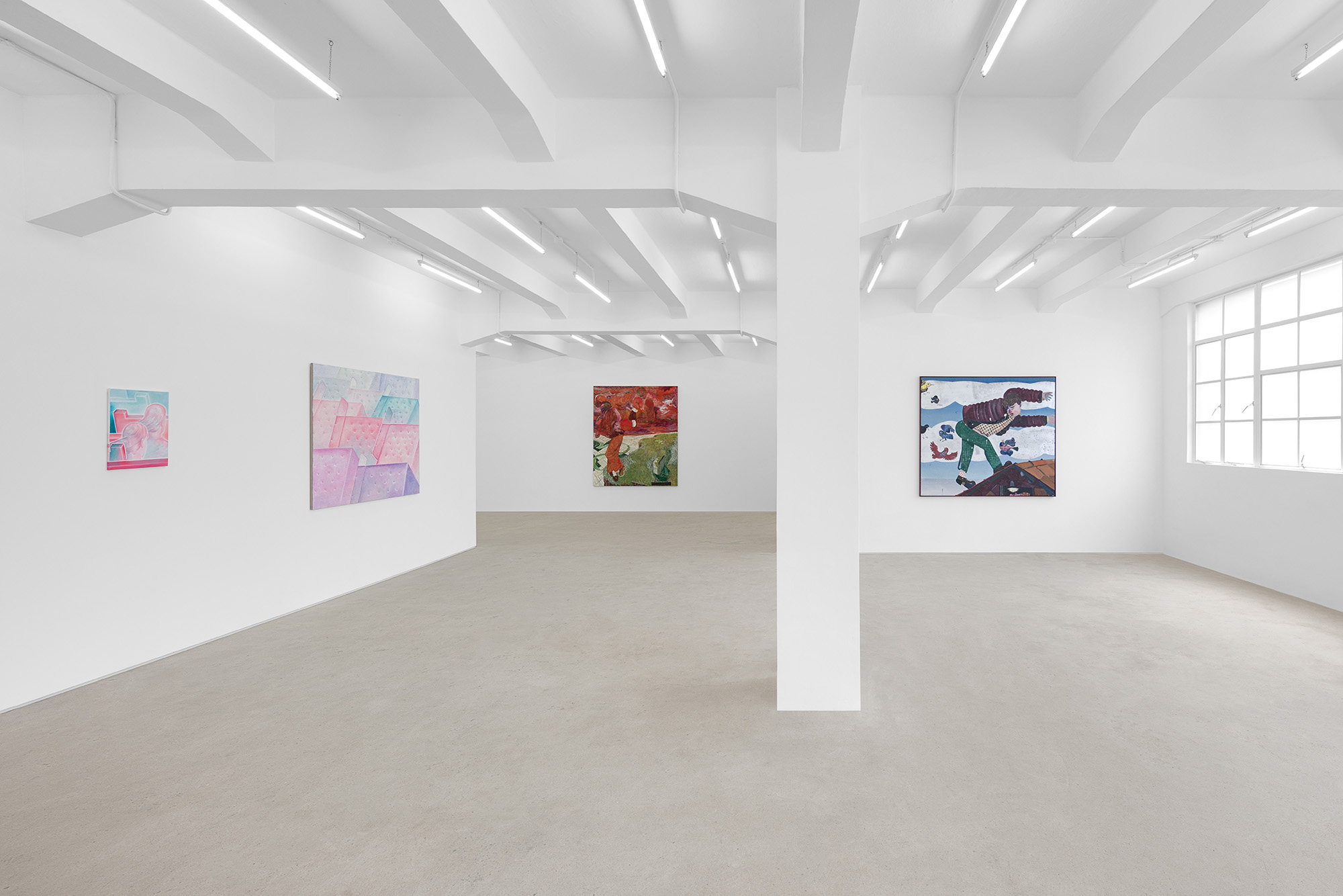 Installation view of group exhibition, Vacation II, at Gallery Vacancy, featuring works by Henry Curchod, Pieter Jennes, and Richard Burton.