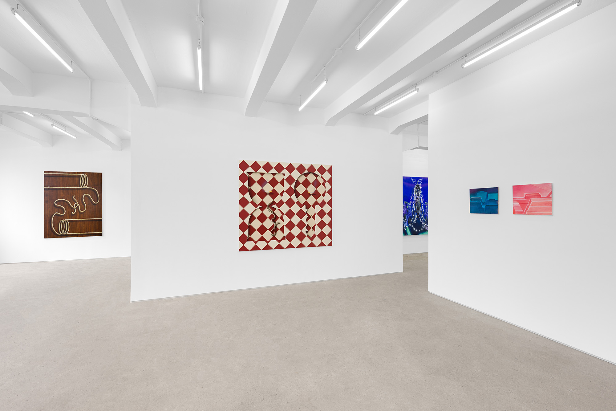 Installation view of group exhibition, Vacation II, at Gallery Vacancy, featuring works by Charline Tyberghein, Rao Weiyi, and Richard Burton.