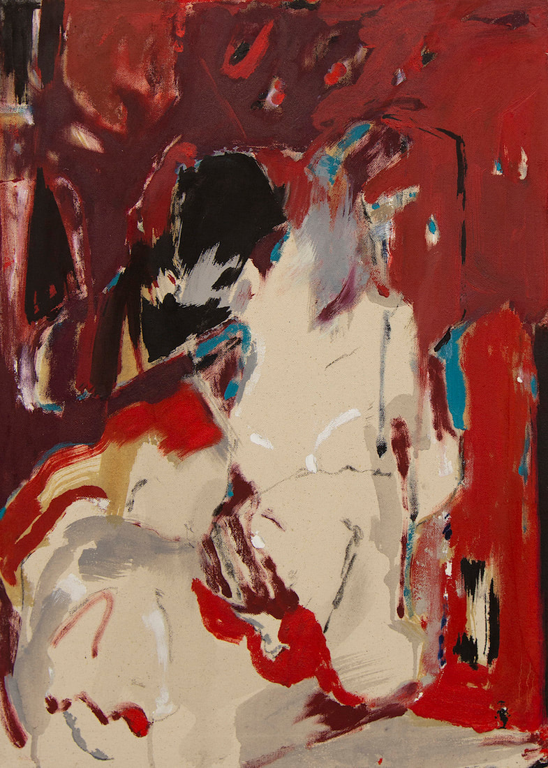 沈翰，回头的女人，2019，布面油画、炭笔，69 x 49 公分（27 1/8 x 19 1/4 英寸）